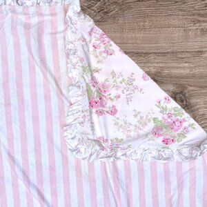 SIMPLY SHABBY CHIC Roses KING Pink White Cabana Stripe Ruffle Edge Duvet Cover